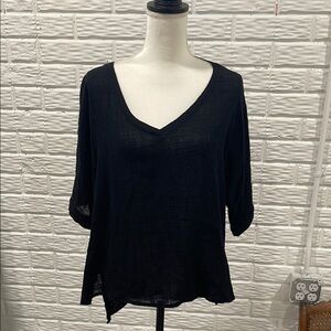 Black Relaxed Asymmetrical Tee with V-Neck and Blouse Sleeves